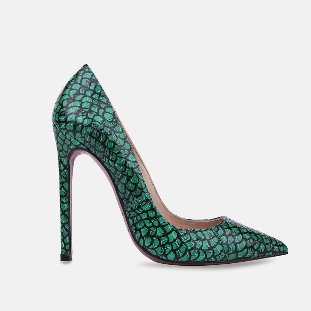 Lauren Marinis green croc skin print stiletto pump